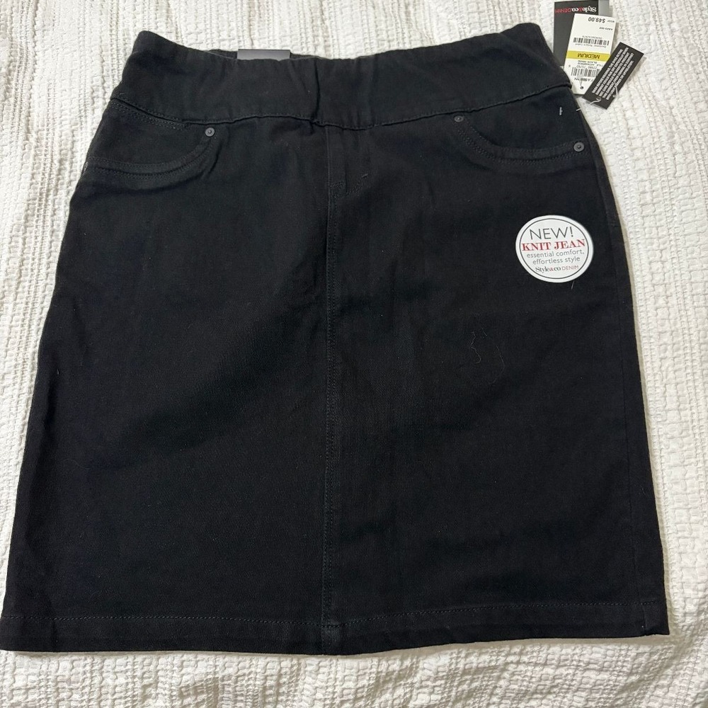 Style & Co Denim Knit Jean Skirt Mid Rise Womens Medium Black Casual Work NWT
